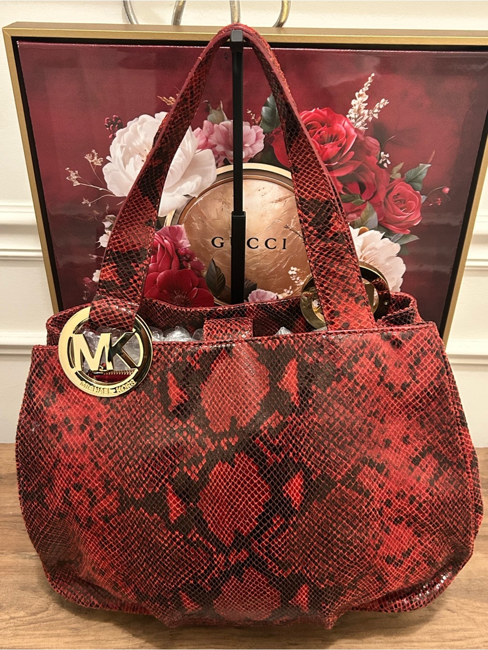 Michael Kors Red and Black Embossed Snake-Print Shoulder Tote with MK Dust Bag - Picture 11 of 15
